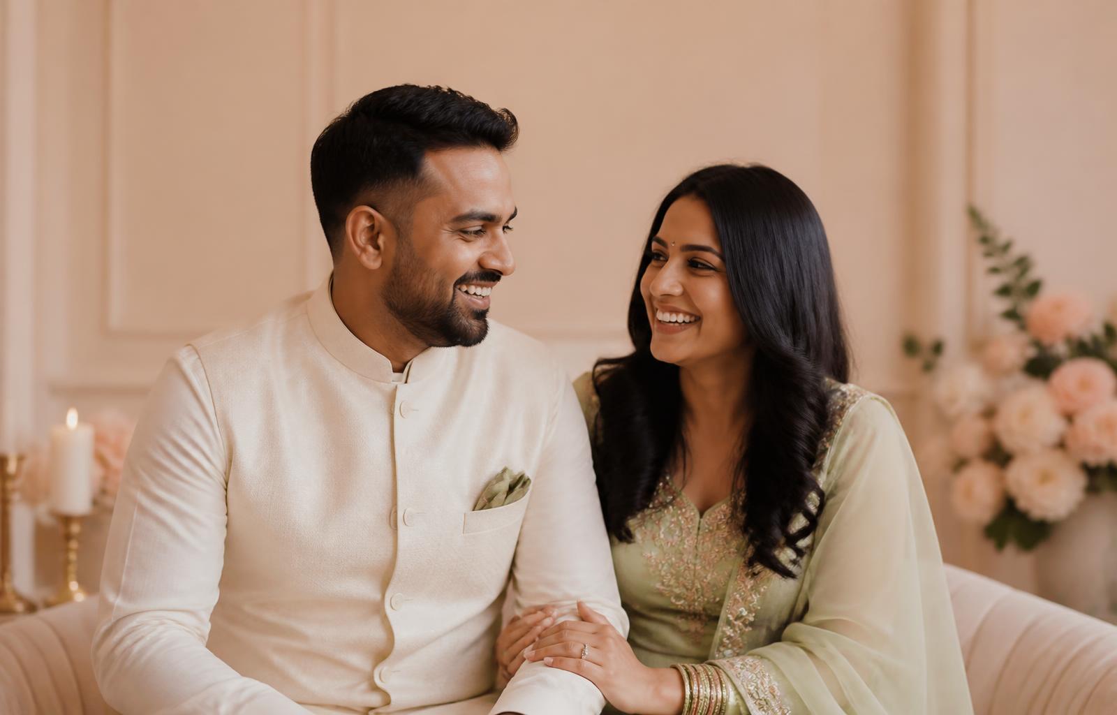 A happy adult Hindu couple sitting together